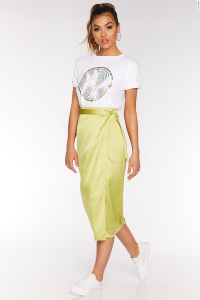 Lime Satin Wrap Midi Skirt